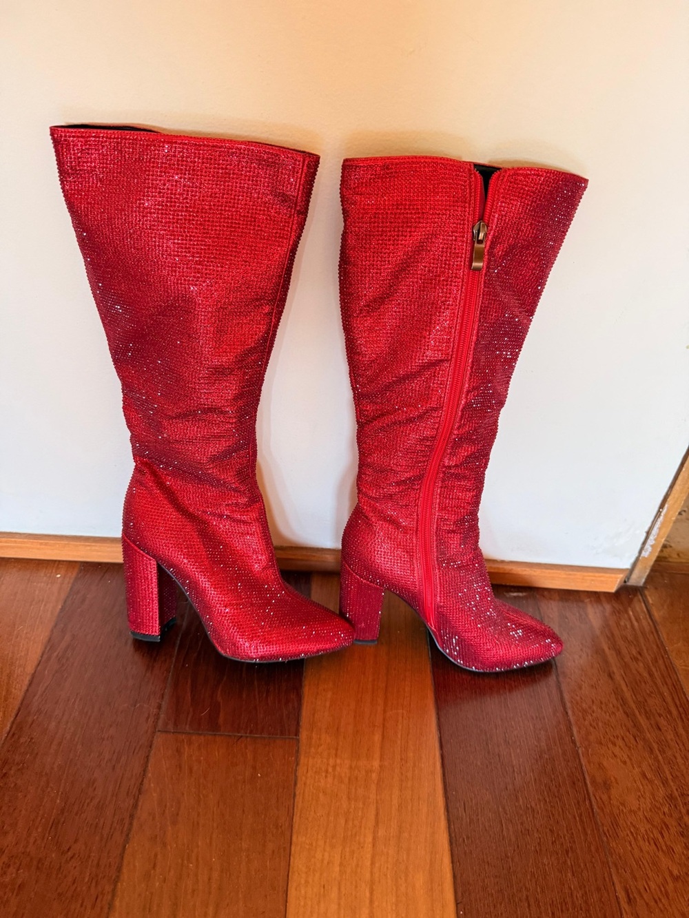 Red Rhinestone Knee-High Women's Boots